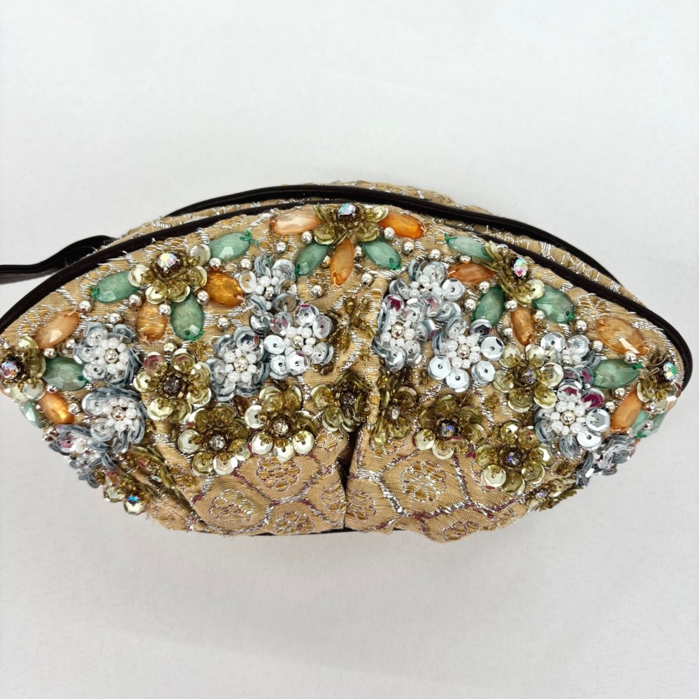 Miss Albright Anthropologie Beaded Floral Brocade Gold Silver Evening Clutch Bag